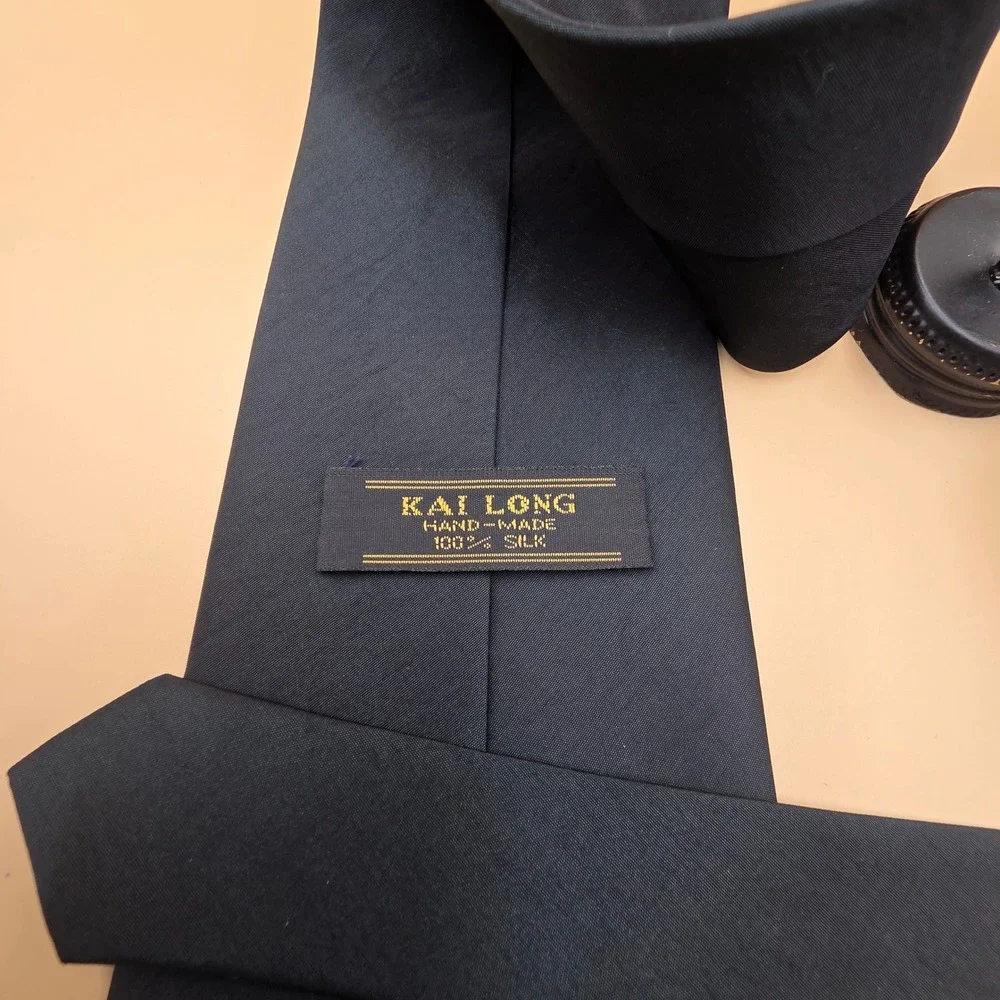 Kai Long Mens Black Silk Necktie Handmade Solid Classic Formal Tie